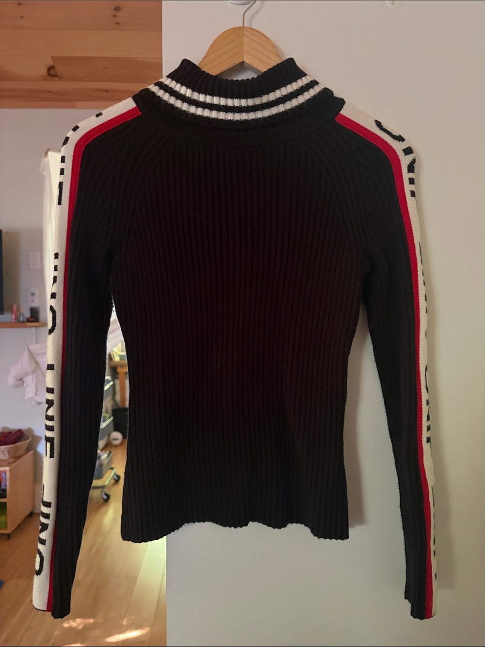 UNIF Black Ribbed Women's Sweater with Red & White Detail